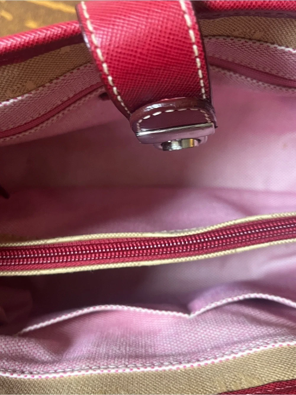 Dooney & Bourke Tan Monogram Canvas Satchel with Red Leather Trim Silver Lock.